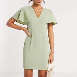 ASOS Angel Sleeve V-neck Mini shift dress in Sage Green